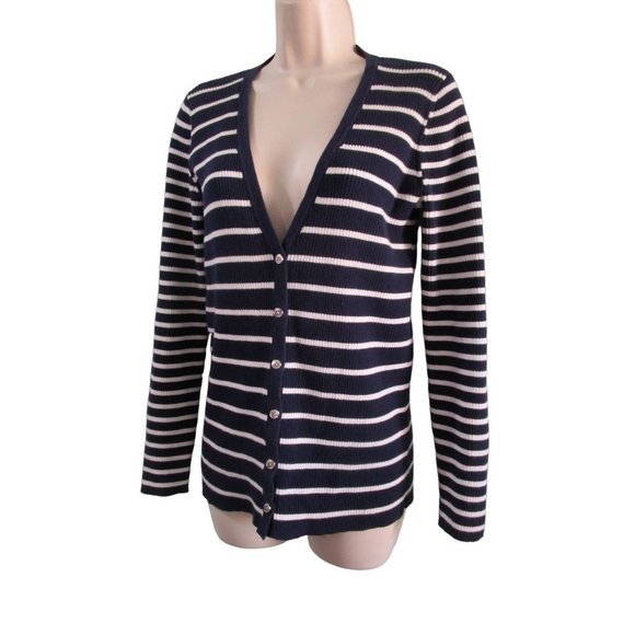 Lauren Ralph Lauren Navy White Stripe V Neck Button Up Cardigan Ladies S/P EUC - Picture 7 of 16
